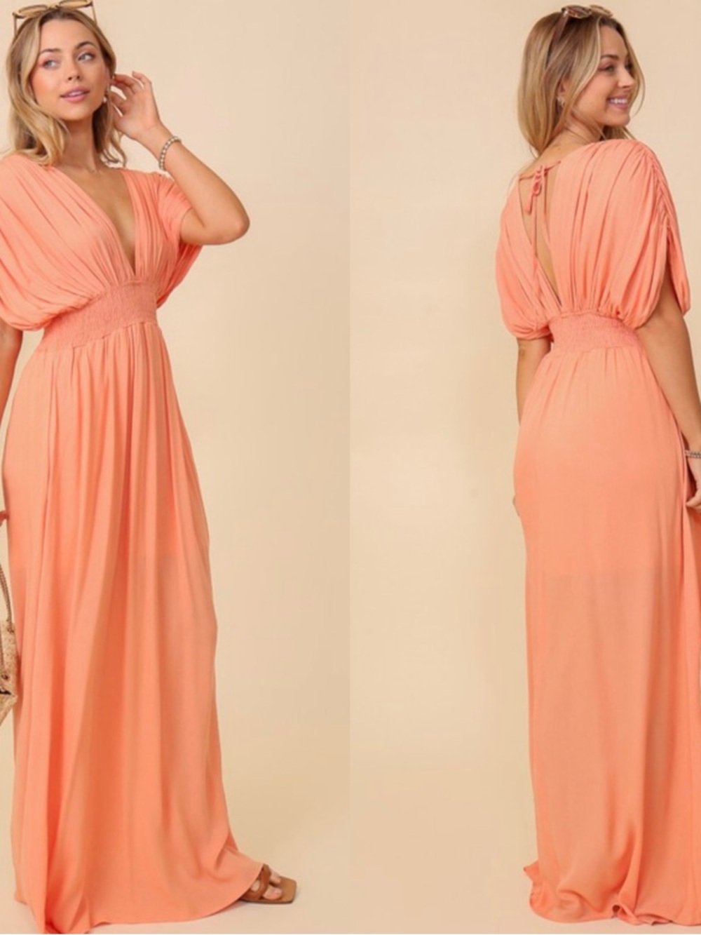 Timing Coral Pleated V-Neck Maxi Dress - Picture 4 of 12